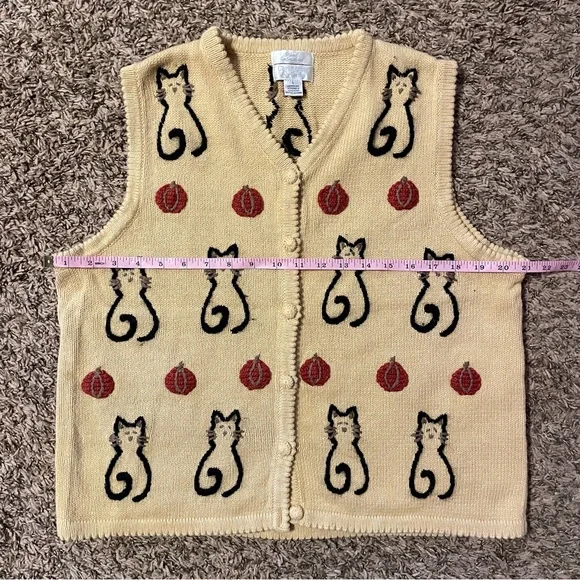 Vintage Christopher & Banks Womens Large Hand Embroidered Vest Cat Lady Pumpkin - Picture 7 of 8